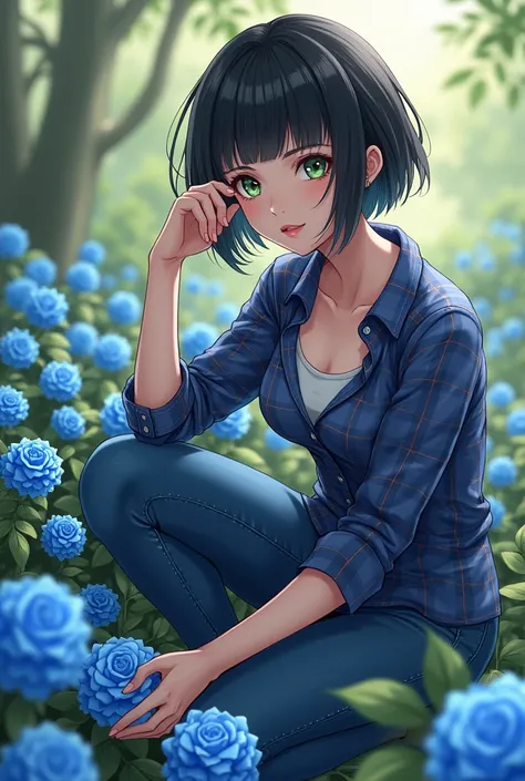 (anime, fanart)  Girl with short black hair, Green eyes about 24 years old , slender,  with big breasts .  Dressed in jeans, a plaid blouse ,  kneeling in a garden , Growing navy blue flowers, blue roses
