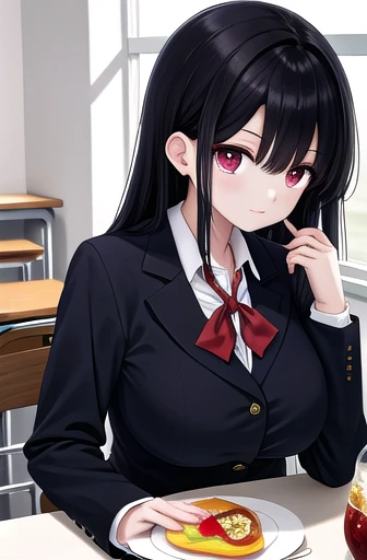 {  masterpieces during breakfast }, { top quality}, 1 girl,School_uniform、 long black hair, big breasts