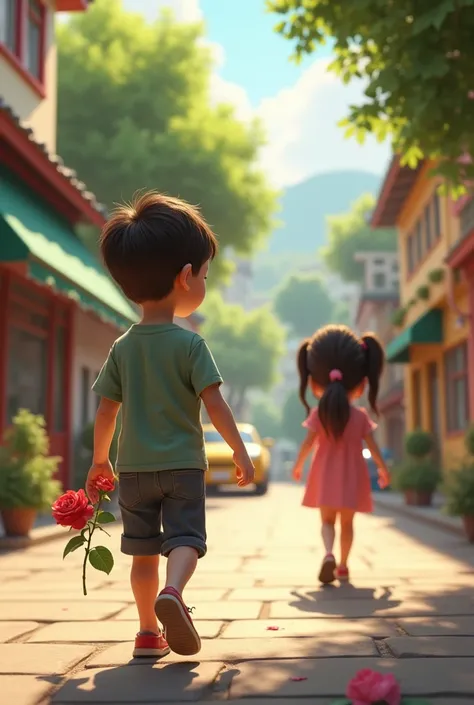 A -old boy.  Rose behind the boys hand.  A girl is walking down the street. The boy is following the girl.