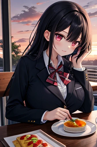 {  masterpieces during breakfast }, { top quality}, 1 girl,School_uniform,sunset、 long black hair, big breasts