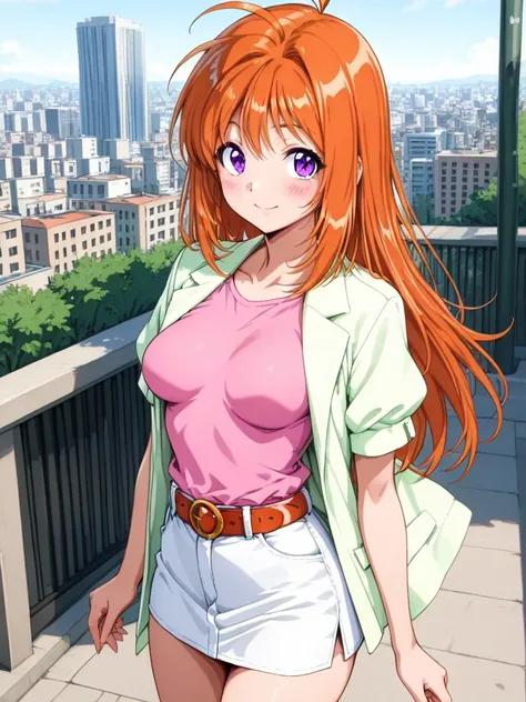 masterpiece, best quality, SaekiRuruna, 1girl, solo, long hair, orange hair, purple eyes, medium breasts, antenna hair, smile, blush,pink shirt, jacket, short sleeves,open clothes, belt, miniskirt, city, outdoor,