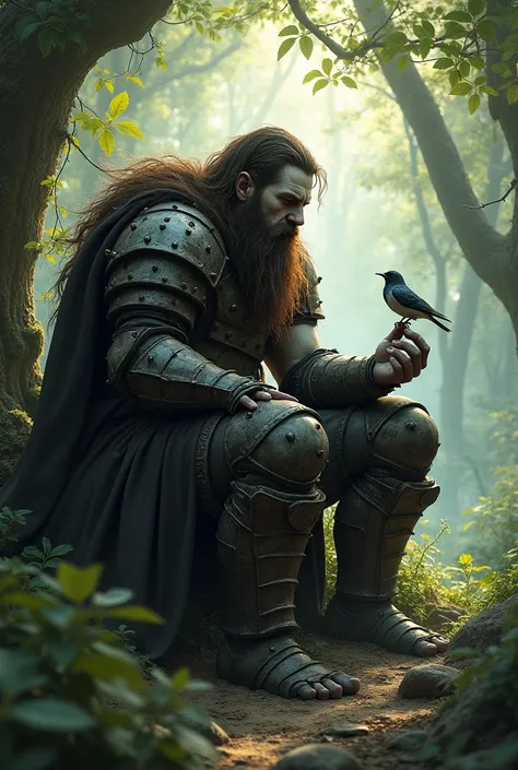 A deep, tall, strong, muscular, sad, terrible, tragic, full-brown-bearded, long-brown-haired, dirty, injured, wild, grey skinned berserker wearing a wild bear cloak and heavy, spiky rusty iron armor, sitting alone and pensive under a tree in a beautiful fo...