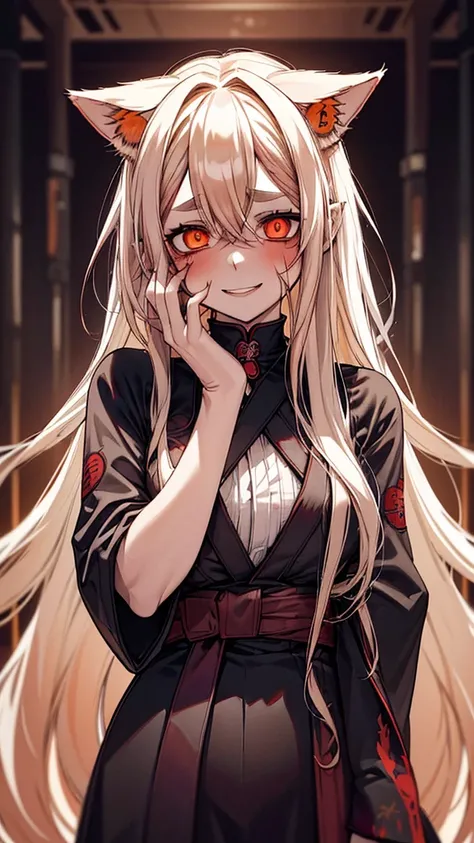 Best Shot, solo, (white hair), long hair, wavy hair, red kimono, (fox ears, nine tails), scary atmosphere, bad girl, bewitching, horror girl, white skin, (white round eyebrows), golden eyes, (evil smile), shining eyes, (yandere level: 1.4), crazy eyes, bla...