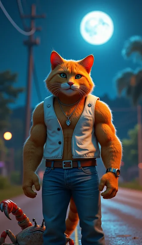 In cinematic 3D style ,HD image, realistic image ,colourful image. 
Character, a muscular Johny big Orange cat wearing white vest and blue jeans.
Action, its a night full moon shining,A hybrid crab has a huge hand in the hands of Muscular Johnny Big Orange...