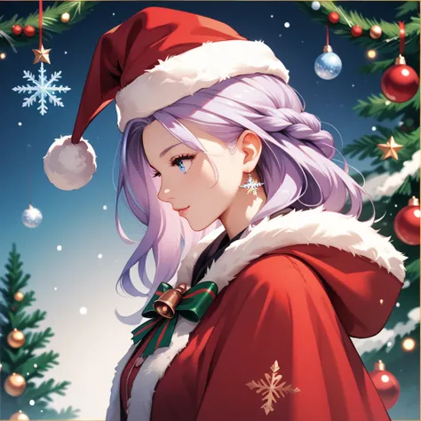 high quality, 8K Ultra HD, A beautiful woman witch with blue eyes in christmas time, anime, long lilac hair, profile picture, avatar, pfp