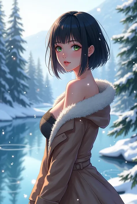 (anime, fanart)  Girl with short black hair, Green eyes about 24 years old , slender,  with big breasts . In a beautiful winter landscape
