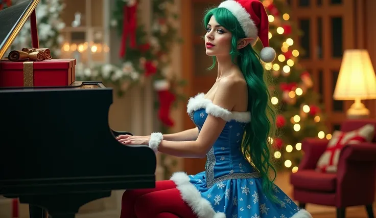 Still from a Christmas movie,Beautiful and stunning Elf Woman, She is an Elf, She has long green hair, Blue eyes, On her head is a red Christmas cap, She is wearing a blue corset in the shape of a Christmas present with fur inserts that highlight her exagg...