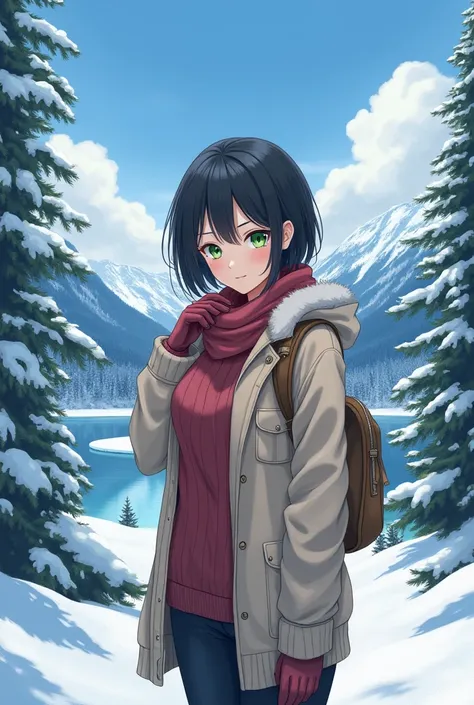 (anime, fanart)  Girl with short black hair, Green eyes about 24 years old , slender,  with big breasts . In a beautiful winter landscape.  with winter clothes 
