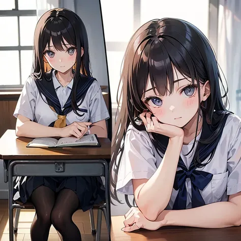 A girl, alone,  age 18 with school uniform in photos from different places and different angles, photos of classroom .  