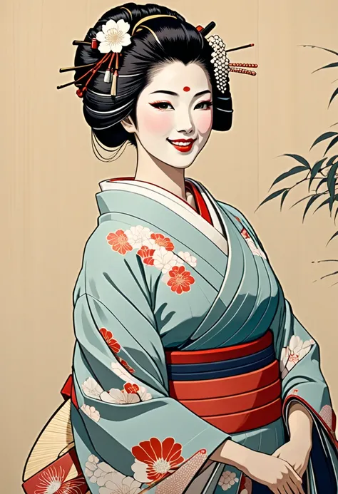 Ukiyo-e style, geisha, Japanese woman, beautiful, elegant, geisha in kimono, smiling, beautiful, ((best masterpiece, best quality, highest rating, 8K))