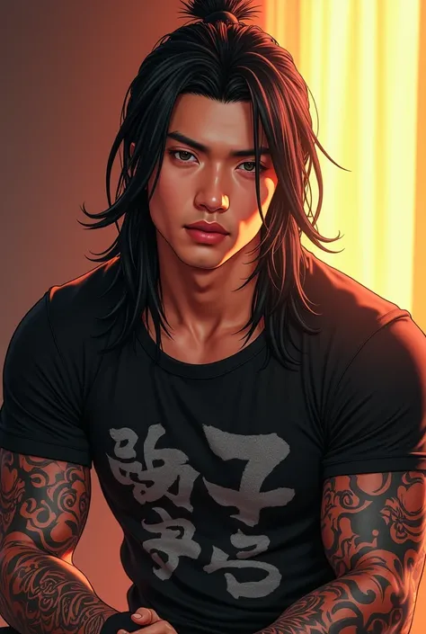 Asian man with long straight hair face, Round face, strong masculine body, Glazed tiled finish, Have a tattoo,  Glazed tile skin  , Beautiful eyes ,สวมเสื้อยืดคอกลมสีดำ She wore a black blouse with a graphic print. "Hello who is am I" Bright colors,  Reali...