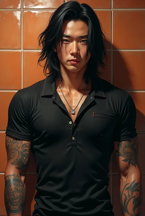 , an Asian man with a round face, Long straight hair, Round face, strong masculine body, Glazed tiled finish, Have a tattoo,  Glazed tile skin  , Beautiful eyes ,Wearing a black polo shirt , She wore a black blouse with a graphic print. "Hello" who" is" am...