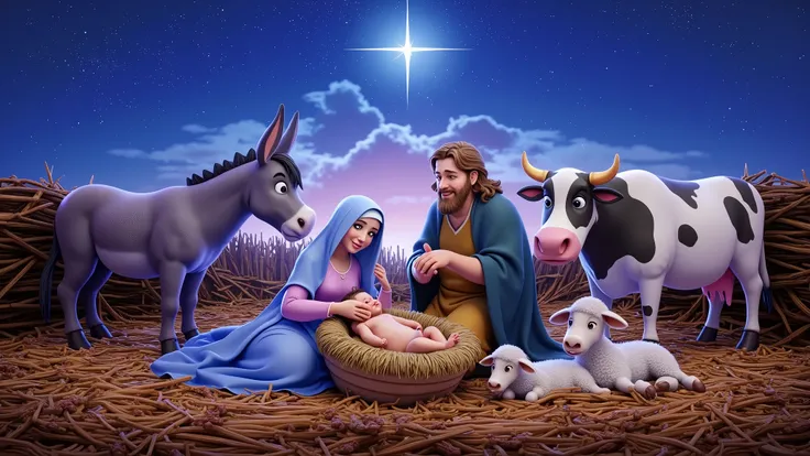 Inspired by Disney Pixars films, characters and 3D posters, create a high-resolution, high-definition image of a scene that recreates the birth of baby Jesus, with JESUS ​​IN A MANGER, ON ONE SIDE MARY, ON THE OTHER JOSEPH, AND LYING NEXT TO THE CRADLE OF ...