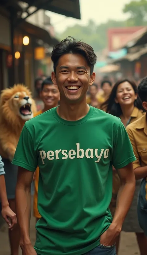 cinematic portrait of a  wearing a green t-shirt with the words "PERSEBAYA" in large contrasting letters that are clearly legible. A lion was lifting his tail with his head down and everyone was laughing happily seeing him, in a village market