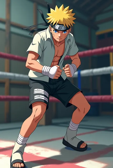 naruto (s ) wearing black shorts  , light gray shirt ,  white boxing boots  , bandages on their cuffs  ,  training in a boxing gym  ,  the same animation style as the original Naruto show 