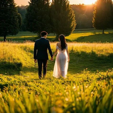 From Behind, a young couple walking away in sun set in the field.