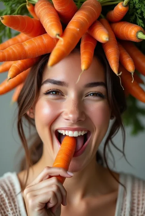 1 beautiful woman in her 30s。Facing forward、Eating a carrot with her mouth wide open。The expression is、Ecstatic expression、I feel a strong sense of ecstasy。The head is peeled、Covered in several real carrots。There are a lot of carrots on and around the head...