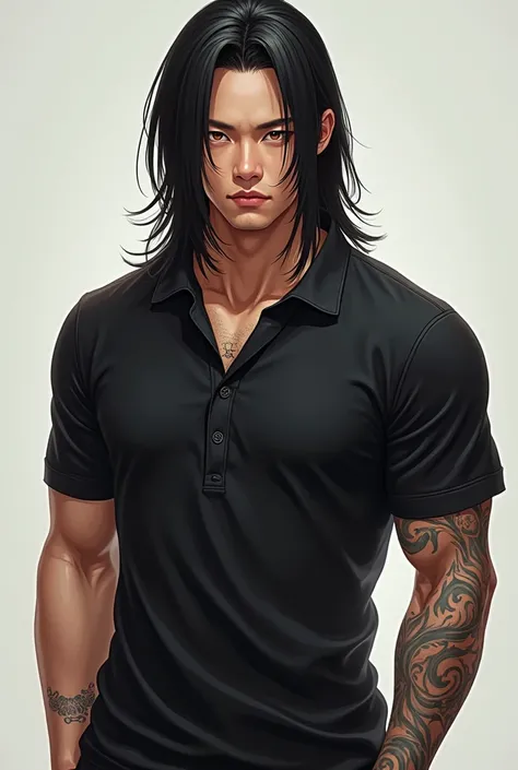 ผู้ชายชาวเอเชียผู้มีใบRound face, Long straight hair, Round face"  strong masculine body, Glazed tiled finish, Have a tattoo,  Glazed tile skin  , Beautiful eyes ,Wearing a black polo shirt , She wore a black blouse with a graphic print. "Hello" who" is" a...