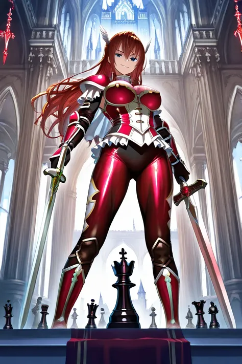  1 girl,  high definition ,  long hair, alone,  smirk,  blue eyes, Redhead,  anatomically correct,  top quality,  Big Breasts , Shining red armor,  red Shiny Enamel Bodysuit，Staff，Western Castle，glittering decoration，Elegant，knight Of Chess , Holding a swo...