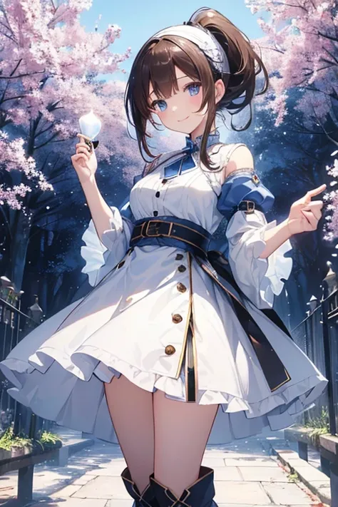  top quality、 so delicate and beautiful、 girl、、(  lots of dark brown hair )、blue dress with vertical buttons、Waist belt、White Skirt、( ponytail))、( white hair band)、( brown boots )、 blue eyes、 standing、smile、
