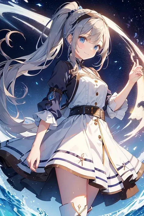  top quality、 so delicate and beautiful、 girl、、(  lots of dark brown hair )、blue dress with vertical buttons、Waist belt、White Skirt、( ponytail))、( white hair band)、( brown boots )、 blue eyes、 standing、smile、
