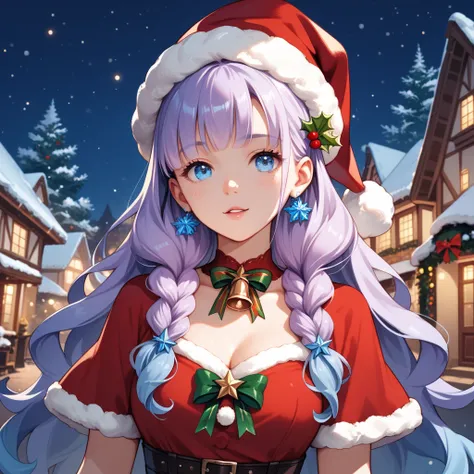 high quality, 8K Ultra HD, A beautiful woman witch with blue eyes in christmas time, anime, long lilac hair, avatar, night, dark clothes