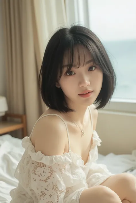 (best quality,8k,best image quality,Award-winning works),one Japanese girl, smile ,look at me with black short bob hair white skin in blace lace night gown, (accurate anatomy:1.3),sitting on bed,ocean view room,face shot