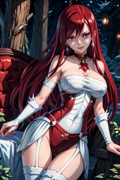 Erza Scarlet (Fairy Tail), 1 Girl, Solo, masterpiece, super detail, best quality, textured skin, anatomically correct, unreal engine, Dark Red Hair, Long Hair, Hair on one eye, diamond-shape silver earrings, xmas clothes, xmas day, seductive smile