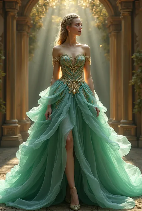 Queen big ball gown flaunting etheral unique design and colour 👑💎 mint and gold mix