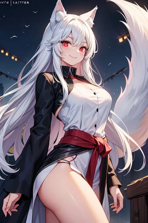  1 Beautiful Girl　Shows up to the waist　 long white hair　Red eyes　 bright smile　Werewolf　 wolf ear　Wolf&#39;s Tail　 White and Black Gothic Lolita Outfit　villain