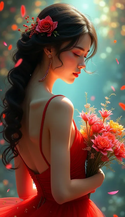 a close up of a woman in a red dress holding a bouquet of flowers, with flowers, sexy red dress, gorgeous female, gorgeous woman, showing her shoulder from back, 18 years old, seductive lady, carrying flowers, gorgeous lady, gorgeous figure, from the back,...