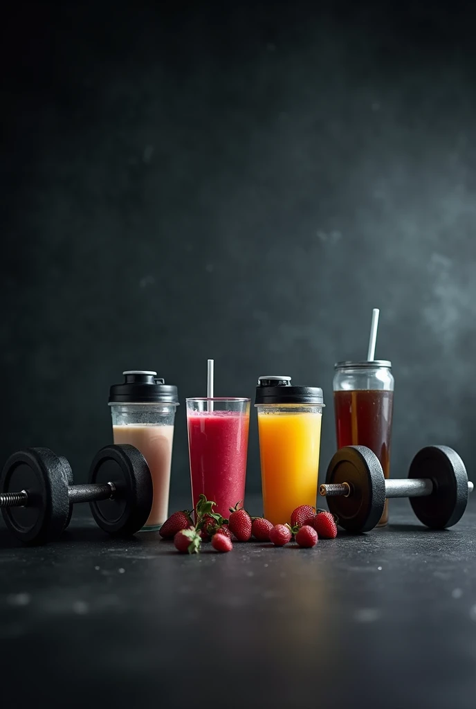 A horizontal background photo featuring a few dumbbells, supplement containers, and shakers filled with drinks. The supplement containers and shakers should have no text, logos, or branding on them. The scene should emphasize a sporty and clean aesthetic w...