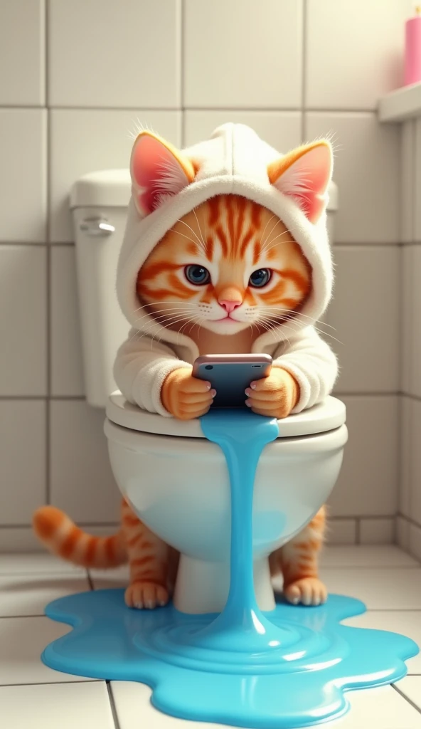 A mischievous orange tabby kitten dressed in a white hoodie, intently using a smartphone near a toilet. The toilet is spilling blue water onto the floor, creating a funny and chaotic atmosphere. The bathroom has clean white tiles and warm lighting, with a ...