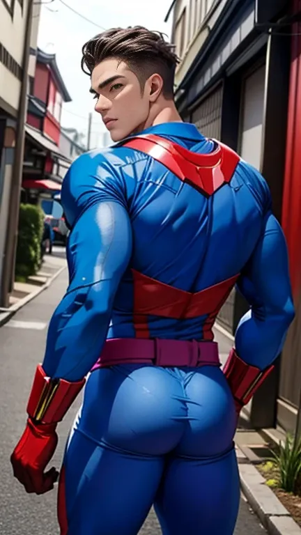 (  top quality ), ,Back Alley,  Japanese with a cool and handsome face ,Beautiful young 18 years old , Handsome guy with a sexy body, shiny power rangers suit,  bulging crotch 、Having an erection,  sensual vibe 