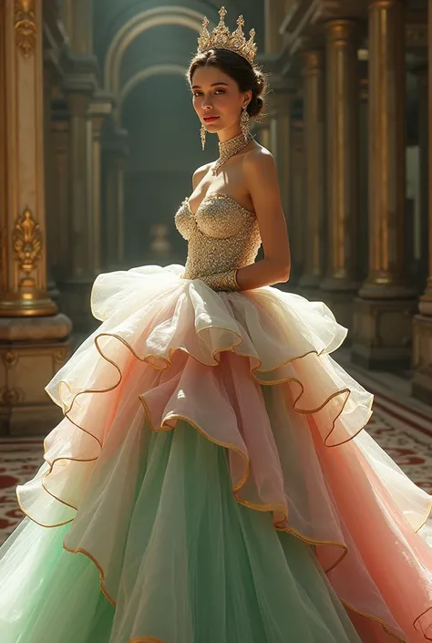 Queen big ball gown flaunting etheral unique design and colour 👑💎 mint gold and pink