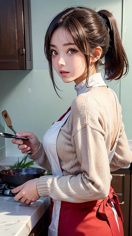 (masterpiece,  best quality:1.2), One girl in the anime , Alone,   expressive eyes,   turns around and holds the ladle in her hand on the , ((( Dark Haired Ponytail ))). (((  straight hair))), (((Reddish brown eyes))), cool, ((( perfect face girl )))、(((Su...