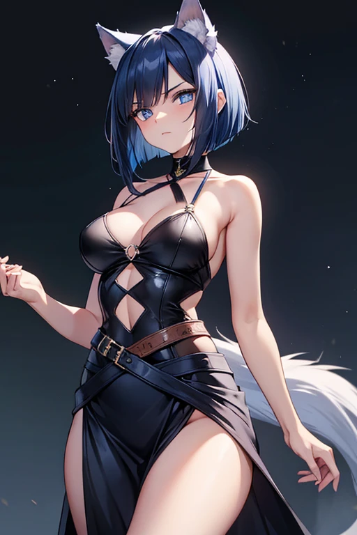  1 Beautiful Girl　Shows up to the waist　 dark blue bob hair　 blue eyes　Glare　Werewolf　 wolf ear　Wolf&#39;s Tail　Navy blue suit　 navy blue pants　villain