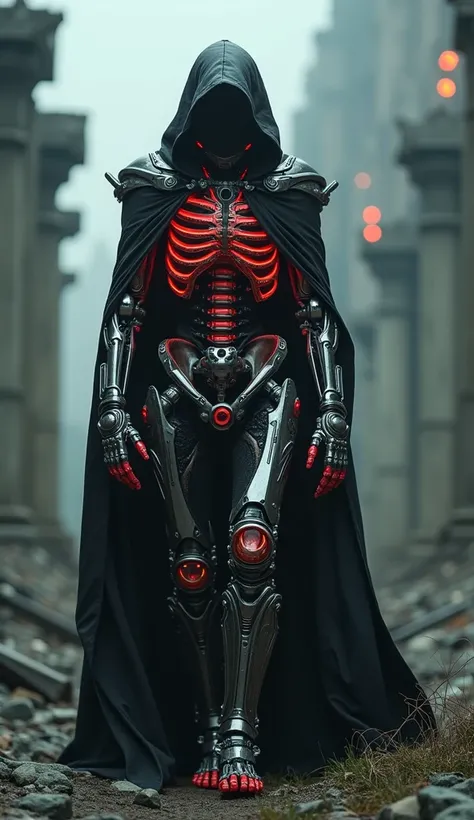 8k, Colossal cybernetic red riding hood, wearing a cyber cape with neon tubes and titanium inserts, in ruins, his copper-titanium skeleton shrouded in tubes with intricate details, against the backdrop of a gothic cyberpunk world where the boundaries betwe...