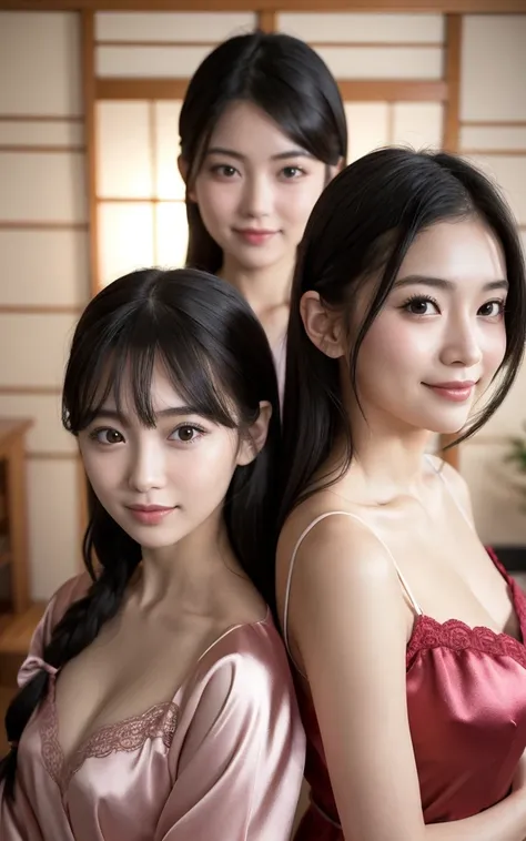 masterpiece, Best Quality, 8K, 2 girl, both are 19 y.o, both are 52" tall, Slender and toned figure, young girl, large and heavy perky breast, seductive, ((Monozygotic twins, Japanese sisters)), arch smile, Cute, Girly, Delicate girl, Neat and clean beauty...