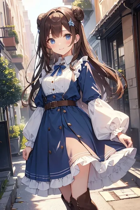  top quality、    so delicate and beautiful 、   girl、、(      lots of dark brown hair     )、blue dress with vertical buttons、Waist belt、White Skirt、(   brown boots   )、   blue eyes、   standing、smile、  bun hair, 