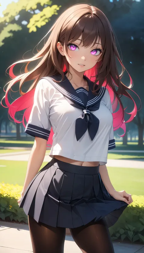  1 Woman ,  beautiful skin ,  fine skin, Vibrant Hair,  glowing eyes, JK, (Brown Hair,  long hair on background),  Thin Waist,  slender body,  sexy pose , Mouth slightly open:1.2,  Cowboy Shots,  school uniform,  sailor suit ,  pleated skirt, Shiny thighs,...