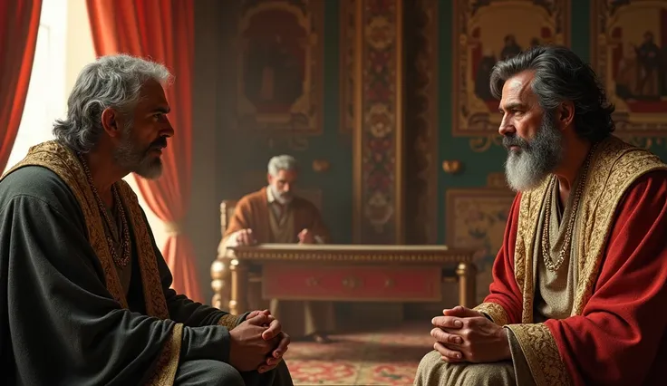 Image showing two distinguished, good-looking men talking to an elderly gentleman, both in biblical clothing; prosperous room from biblical times in the background; hyperrealistic;