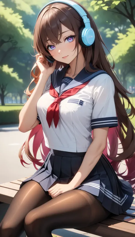  1 Woman ,  beautiful skin ,  fine skin, Vibrant Hair,  glowing eyes, JK, (Brown Hair,  long hair on background),  Thin Waist,  slender body,  sexy pose ,  closes the eye:1.2,  Cowboy Shots,  school uniform,  sailor suit ,  pleated skirt, Shiny thighs, ( b...