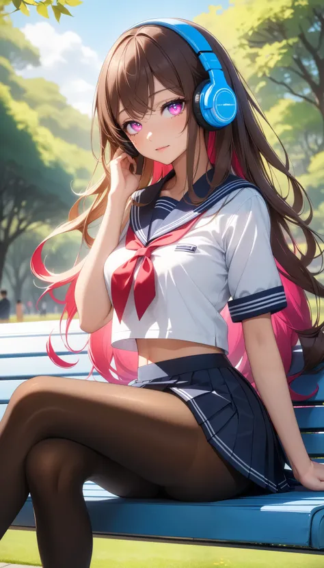  1 Woman ,  beautiful skin ,  fine skin, Vibrant Hair,  glowing eyes, JK, (Brown Hair,  long hair on background),  Thin Waist,  slender body,  sexy pose ,  closes the eye:1.2,  Cowboy Shots,  school uniform,  sailor suit ,  pleated skirt, Shiny thighs, ( b...