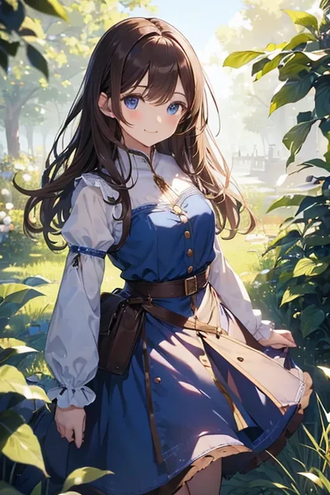  top quality、   Very Delicate and Beautiful 、  girl、、(    lots of dark brown hair   )、blue dress with vertical buttons、Waist belt、White Skirt、(  brown boots  )、  blue eyes、  standing、smile、
 princess cut, 