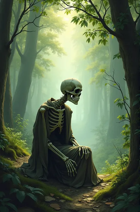 Skeleton sitting alone in the forest looking at nothing 