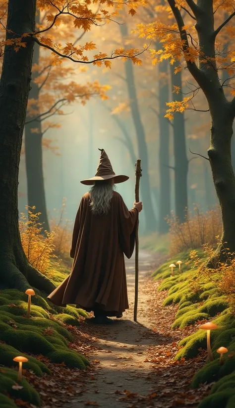 An autumn forest with golden leaves falling softly. An elderly wizard in a brown robe and pointed hat walks along a mossy path, holding a wooden staff. Mushrooms glow faintly along the trail.  