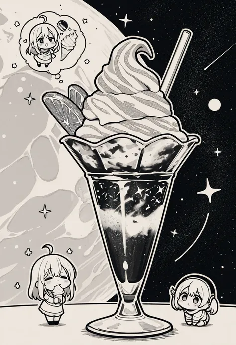 Monochrome drawing style, chibi characters, space, hamburger, cola, soft serve ice cream, dream, ultra detailed, absolutely resolution, masterpiece