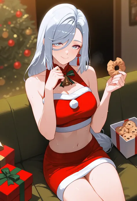 masterpiece, best quality, by rela, 1girl, shenhe genhsin impact, santa crop top, red dress, sitting , smile , holding cookies, [[lewd]], sweat, xmas , derailed background, (by wlop:0.2)