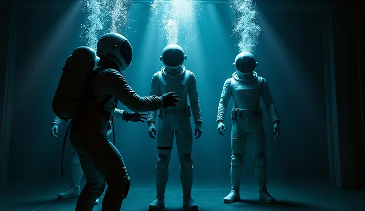 Modern style. A fantastic scene with a black background and neon flashes, 3 people under water are being tested as part of cosmonaut training. The atmosphere is deep and mysterious.